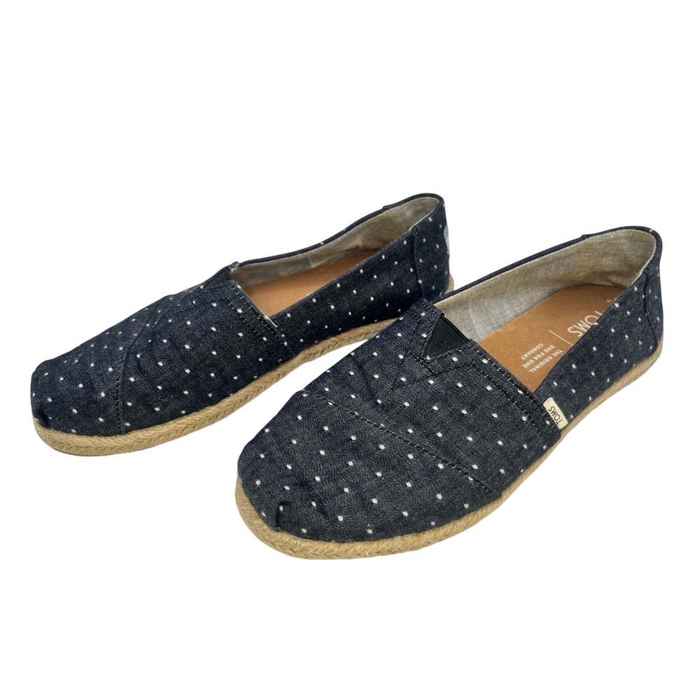 TOMS Women Size‎ 5.5 Black White Polka Dot Espadrille Flats Shoes Canvas Slip On